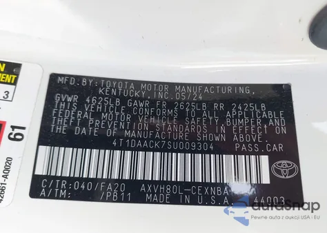 2025 Toyota Camry Le из США, поврежденный, VIN 4T1DAACK7SU009304